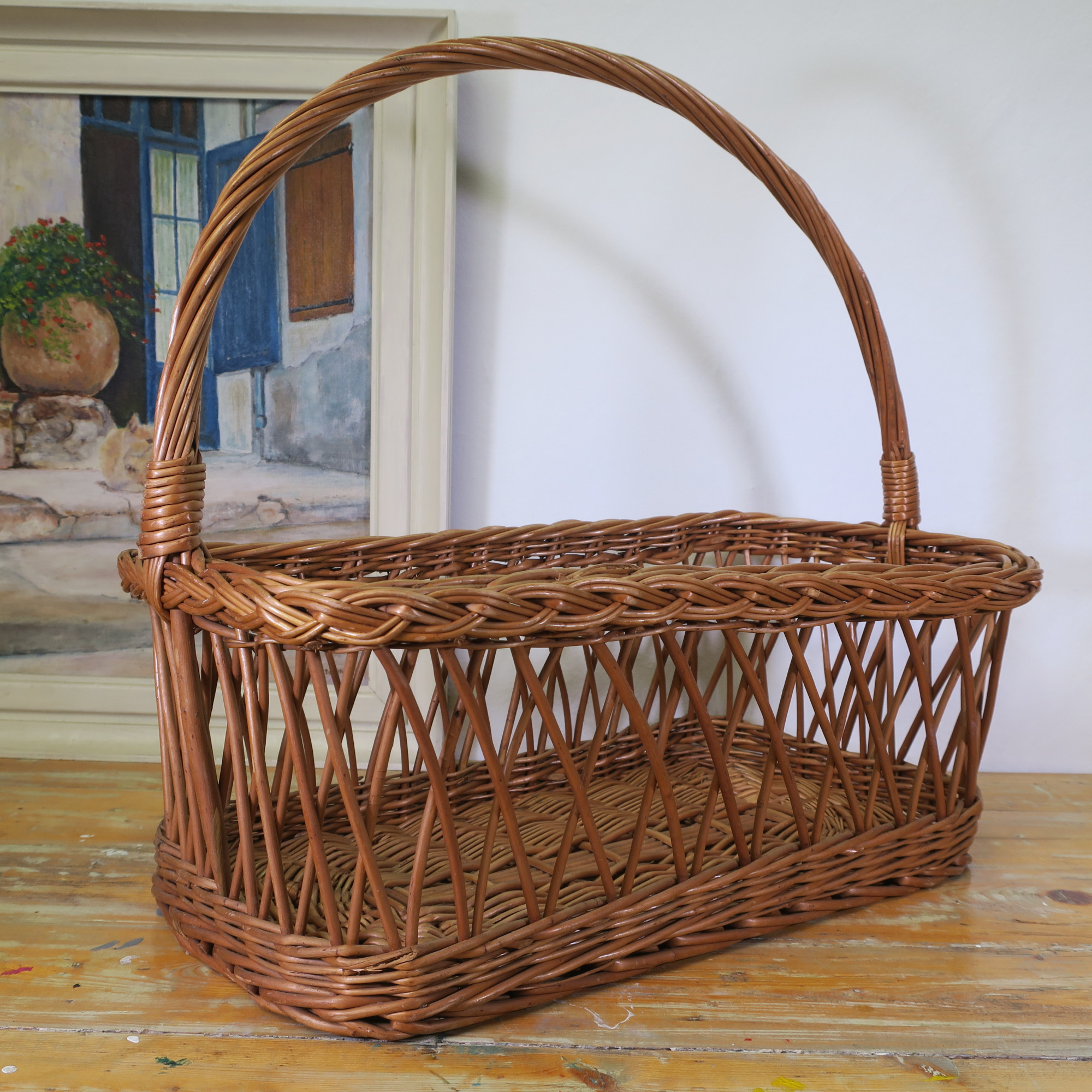 Vintage open wicker basket, large model, rectangular with a high handle