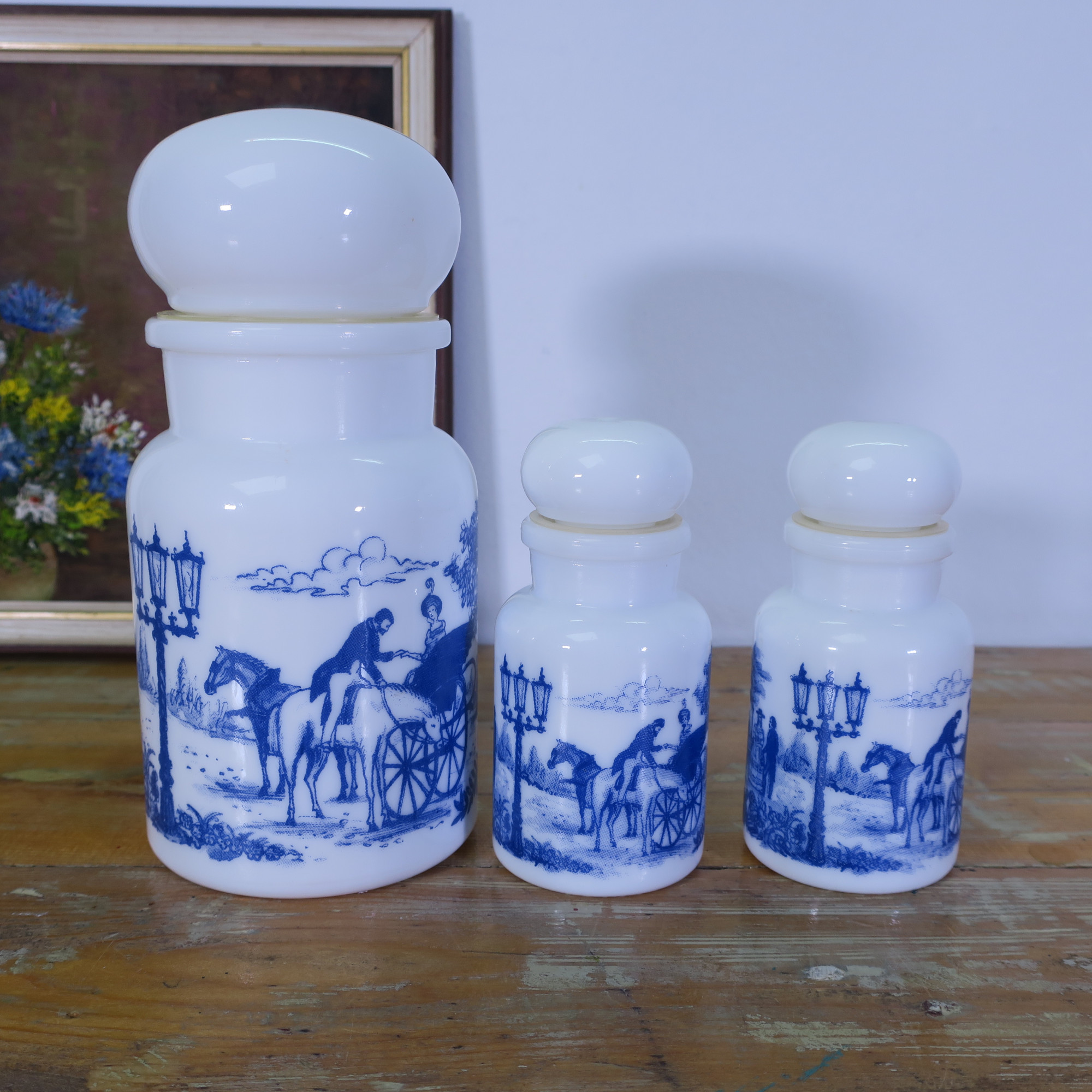 Vintage White Glass Pharmacy Jar Or Storage Jar Made Of Milk Glass With Blue Print On Horse And Carriage Made In Belgium Retroriek